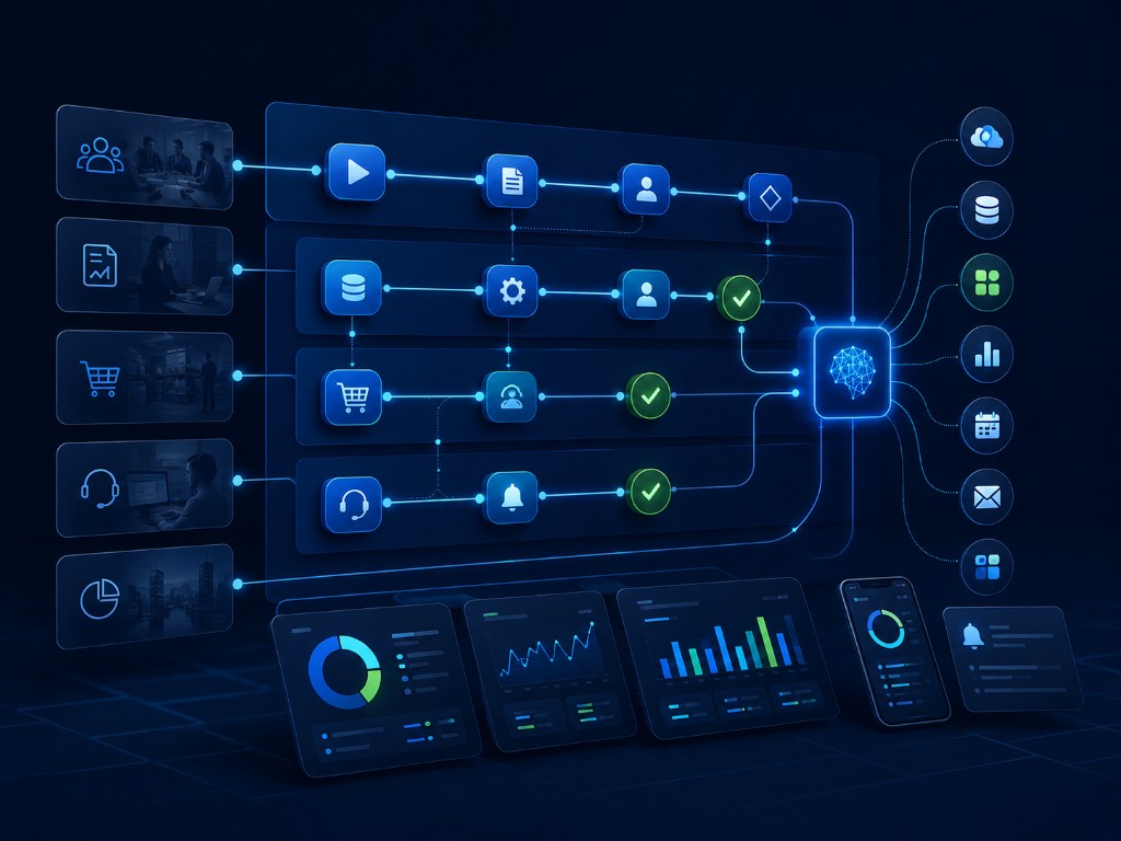 Enterprise workflow automation dashboard connecting teams, approvals, systems, and AI-assisted operations